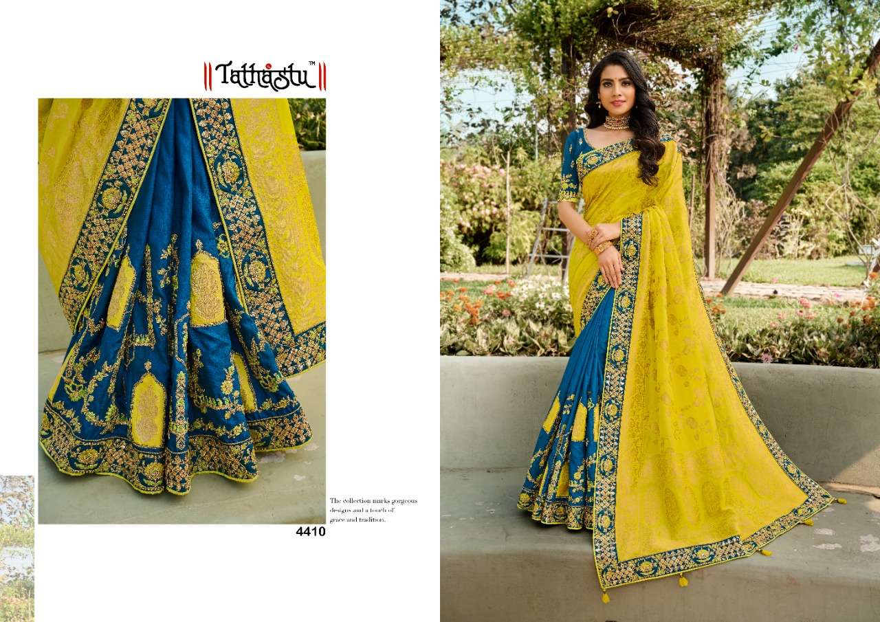 TATHASTU 4400 SERIES BY TATHASTU 4401 TO 4410 SERIES DESIGNER BEAUTIFUL NAVRATRI COLLECTION OCCASIONAL WEAR & PARTY WEAR SILK EMBROIDERED SAREES AT WHOLESALE PRICE