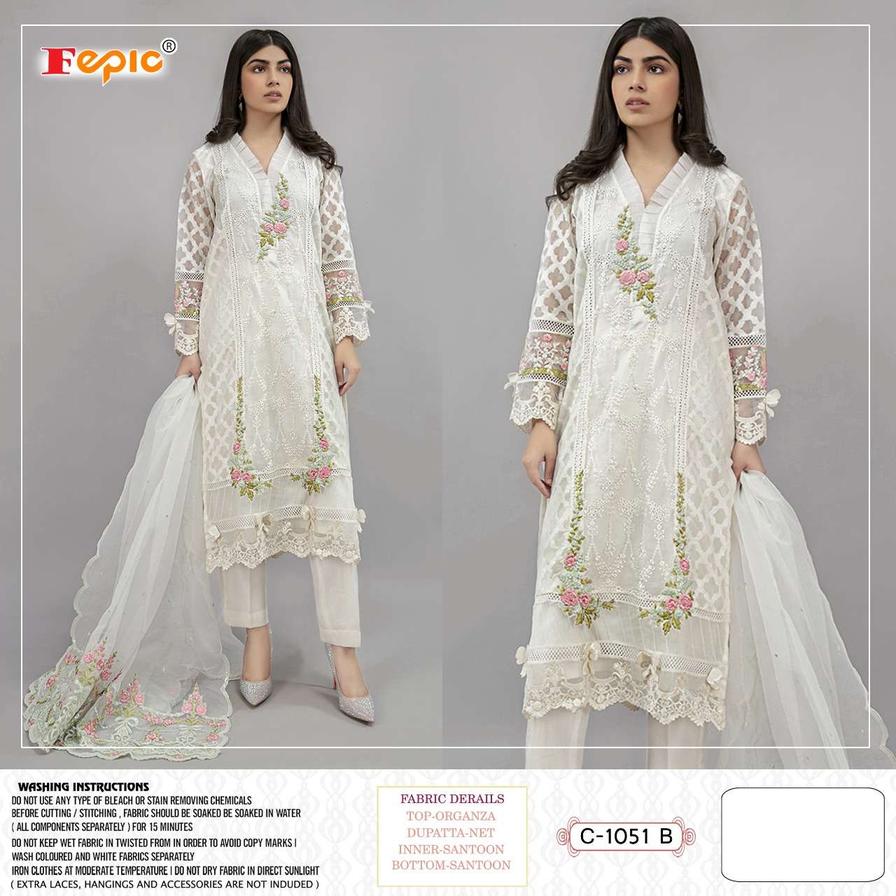 FEPIC HIT DESIGN 1051-B BY FEPIC BEAUTIFUL PAKISTANI SUITS COLORFUL STYLISH FANCY CASUAL WEAR & ETHNIC WEAR ORGANZA EMBROIDERED DRESSES AT WHOLESALE PRICE