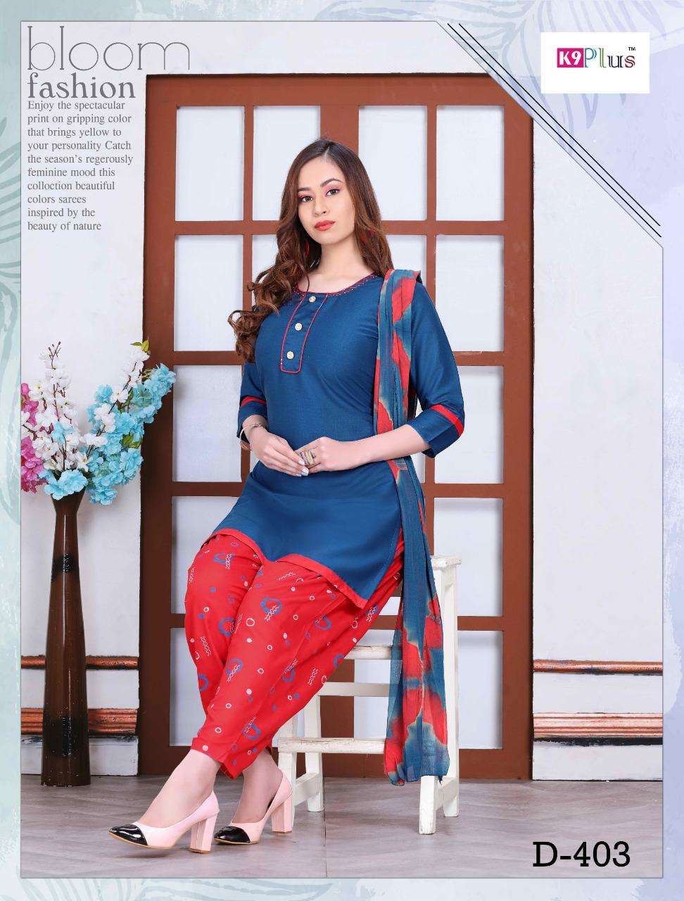 PRATIGYA VOL-8 BY K9 PLUS 401 TO 408 SERIES BEAUTIFUL STYLISH PATIYALA SUITS FANCY COLORFUL CASUAL WEAR & ETHNIC WEAR & READY TO WEAR RAYON PLAIN SILAI WORK DRESSES AT WHOLESALE PRICE