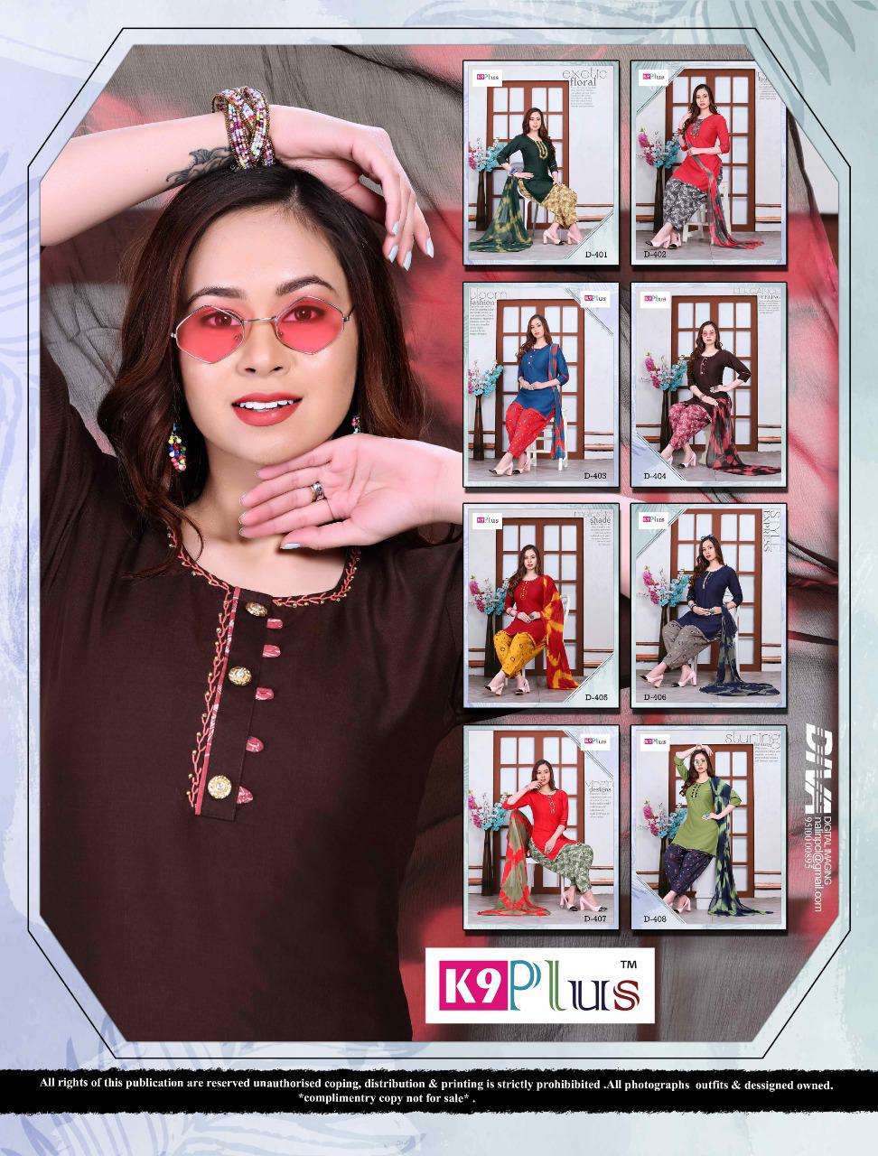 PRATIGYA VOL-8 BY K9 PLUS 401 TO 408 SERIES BEAUTIFUL STYLISH PATIYALA SUITS FANCY COLORFUL CASUAL WEAR & ETHNIC WEAR & READY TO WEAR RAYON PLAIN SILAI WORK DRESSES AT WHOLESALE PRICE