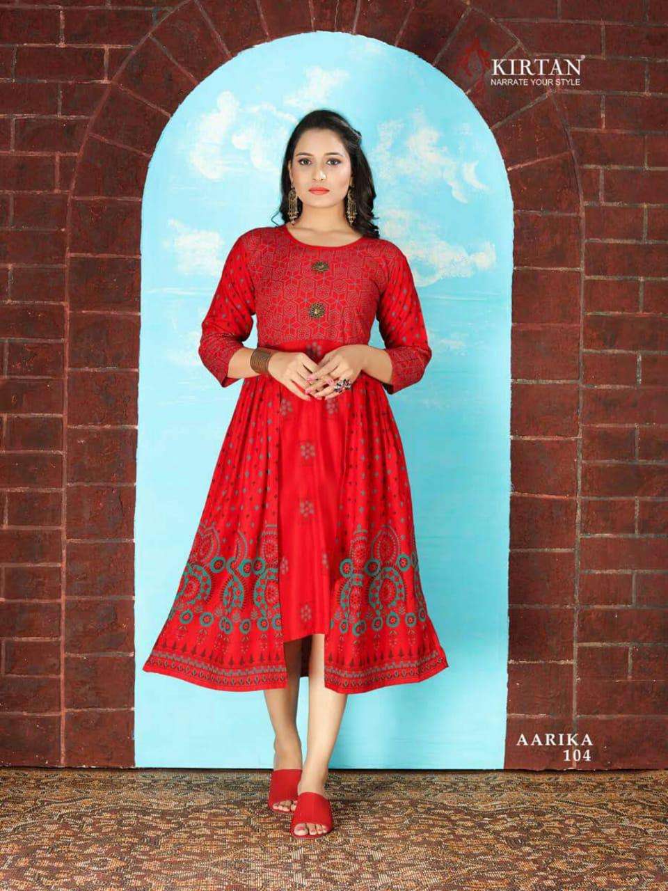 AARIKA BY KIRTAN 101 TO 108 SERIES DESIGNER STYLISH FANCY COLORFUL BEAUTIFUL PARTY WEAR & ETHNIC WEAR COLLECTION RAYON PRINT KURTIS AT WHOLESALE PRICE