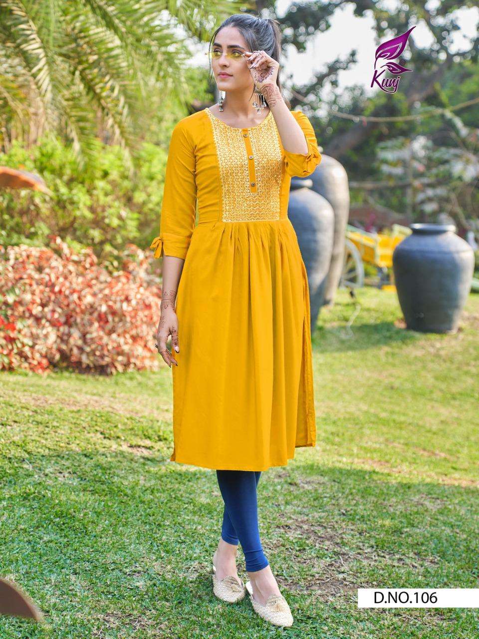 PIXCEL VOL-1 BY KUNJ 101 TO 108 SERIES DESIGNER STYLISH FANCY COLORFUL BEAUTIFUL PARTY WEAR & ETHNIC WEAR COLLECTION RAYON SEQUENCE WORK KURTIS AT WHOLESALE PRICE