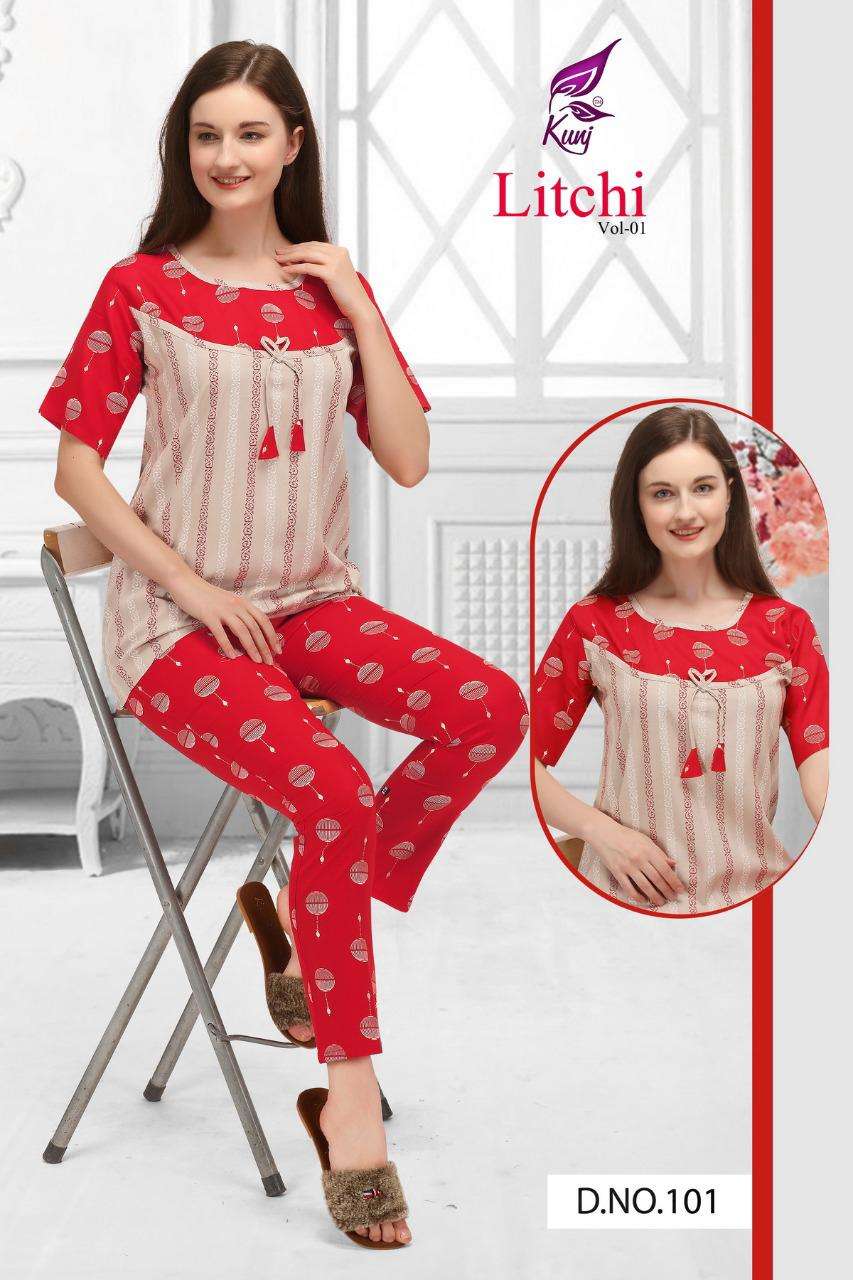 LITCHI VOL-1 BY KUNJ 101 TO 108 SERIES DESIGNER STYLISH FANCY COLORFUL BEAUTIFUL PARTY WEAR & ETHNIC WEAR COLLECTION RAYON PRINT TOPS WITH BOTTOM AT WHOLESALE PRICE
