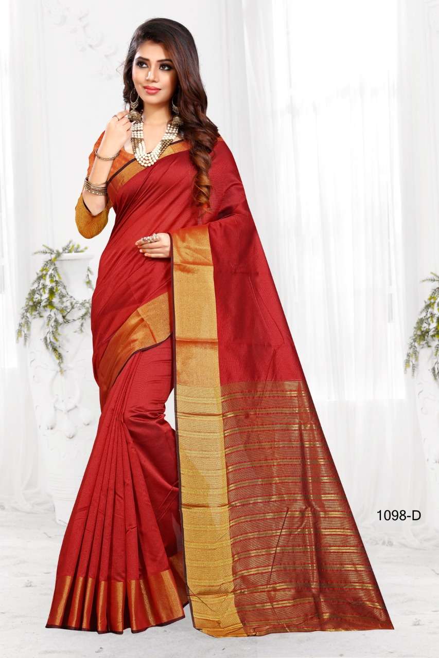 1098 BY SHREE MATARAM 1098-A TO 1098-X SERIES INDIAN TRADITIONAL WEAR COLLECTION BEAUTIFUL STYLISH FANCY COLORFUL PARTY WEAR & OCCASIONAL WEAR COTTON SILK SAREES AT WHOLESALE PRICE
