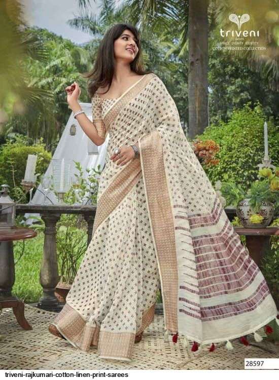 RAJKUMARI BY TRIVENI 28591 TO 28598 SERIES INDIAN TRADITIONAL WEAR COLLECTION BEAUTIFUL STYLISH FANCY COLORFUL PARTY WEAR & OCCASIONAL WEAR LINEN PRINT SAREES AT WHOLESALE PRICE