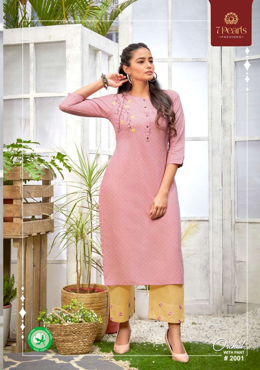 ORCHID BY 7 PEARLS 2001 TO 2006 SERIES DESIGNER STYLISH FANCY COLORFUL BEAUTIFUL PARTY WEAR & ETHNIC WEAR COLLECTION PURE COTTON EMBROIDERY KURTIS WITH BOTTOM AT WHOLESALE PRICE