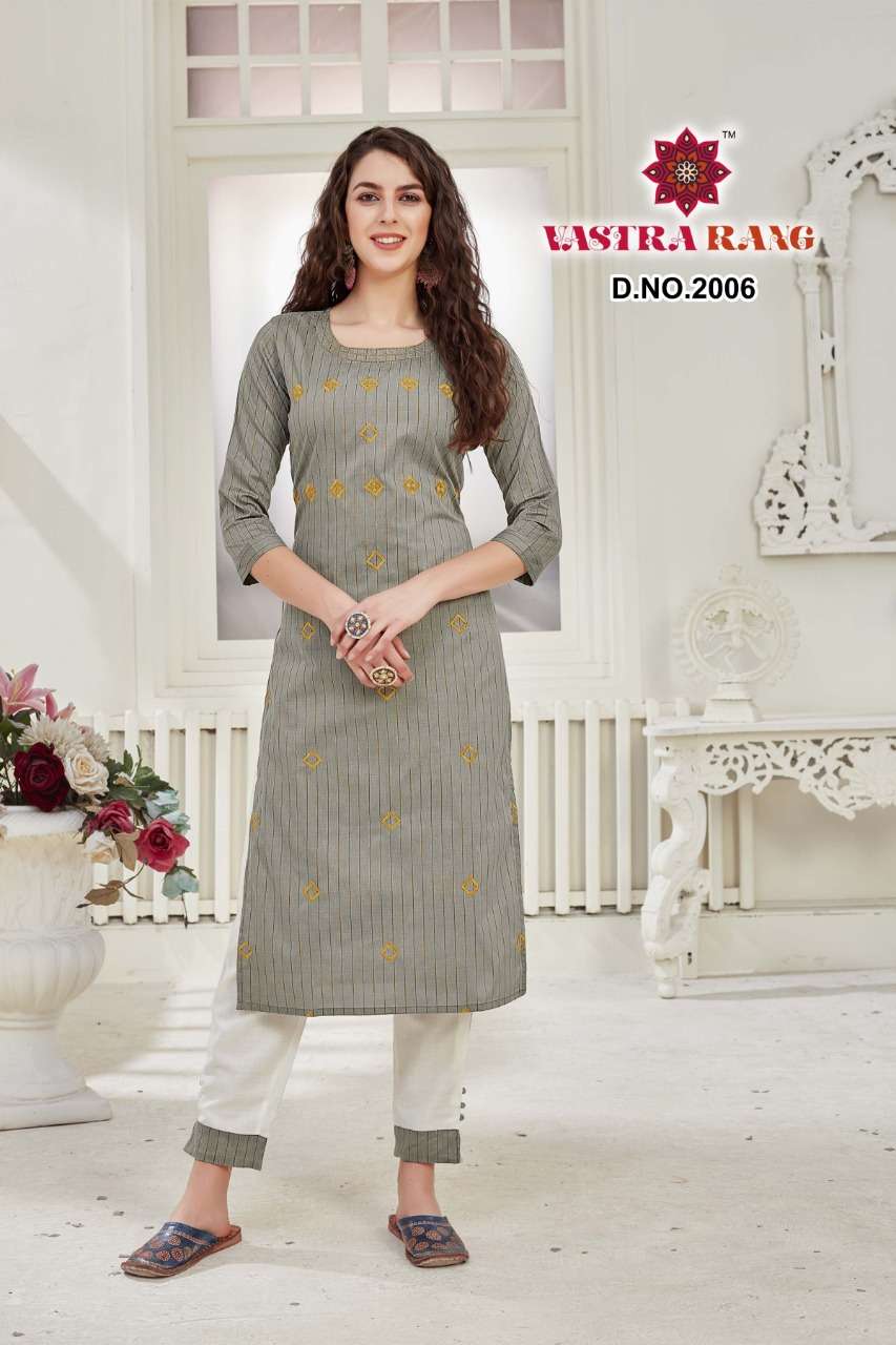 LEELA VOL-2 BY VASTRA RANG 2001 TO 2006 SERIES DESIGNER STYLISH FANCY COLORFUL BEAUTIFUL PARTY WEAR & ETHNIC WEAR COLLECTION PURE COTTON EMBROIDERY KURTIS WITH BOTTOM AT WHOLESALE PRICE
