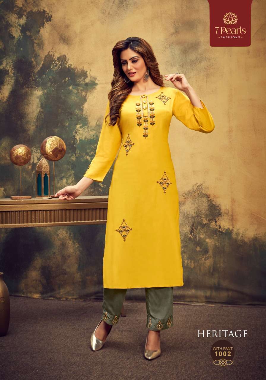 HERITAGE BY 7 PEARLS 1001 TO 1004 SERIES DESIGNER STYLISH FANCY COLORFUL BEAUTIFUL PARTY WEAR & ETHNIC WEAR COLLECTION VISCOSE EMBROIDERY KURTIS WITH BOTTOM AT WHOLESALE PRICE