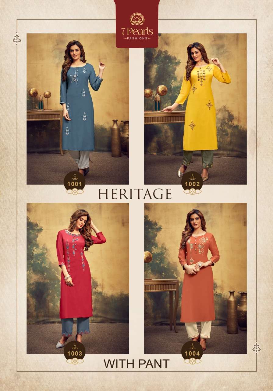 HERITAGE BY 7 PEARLS 1001 TO 1004 SERIES DESIGNER STYLISH FANCY COLORFUL BEAUTIFUL PARTY WEAR & ETHNIC WEAR COLLECTION VISCOSE EMBROIDERY KURTIS WITH BOTTOM AT WHOLESALE PRICE