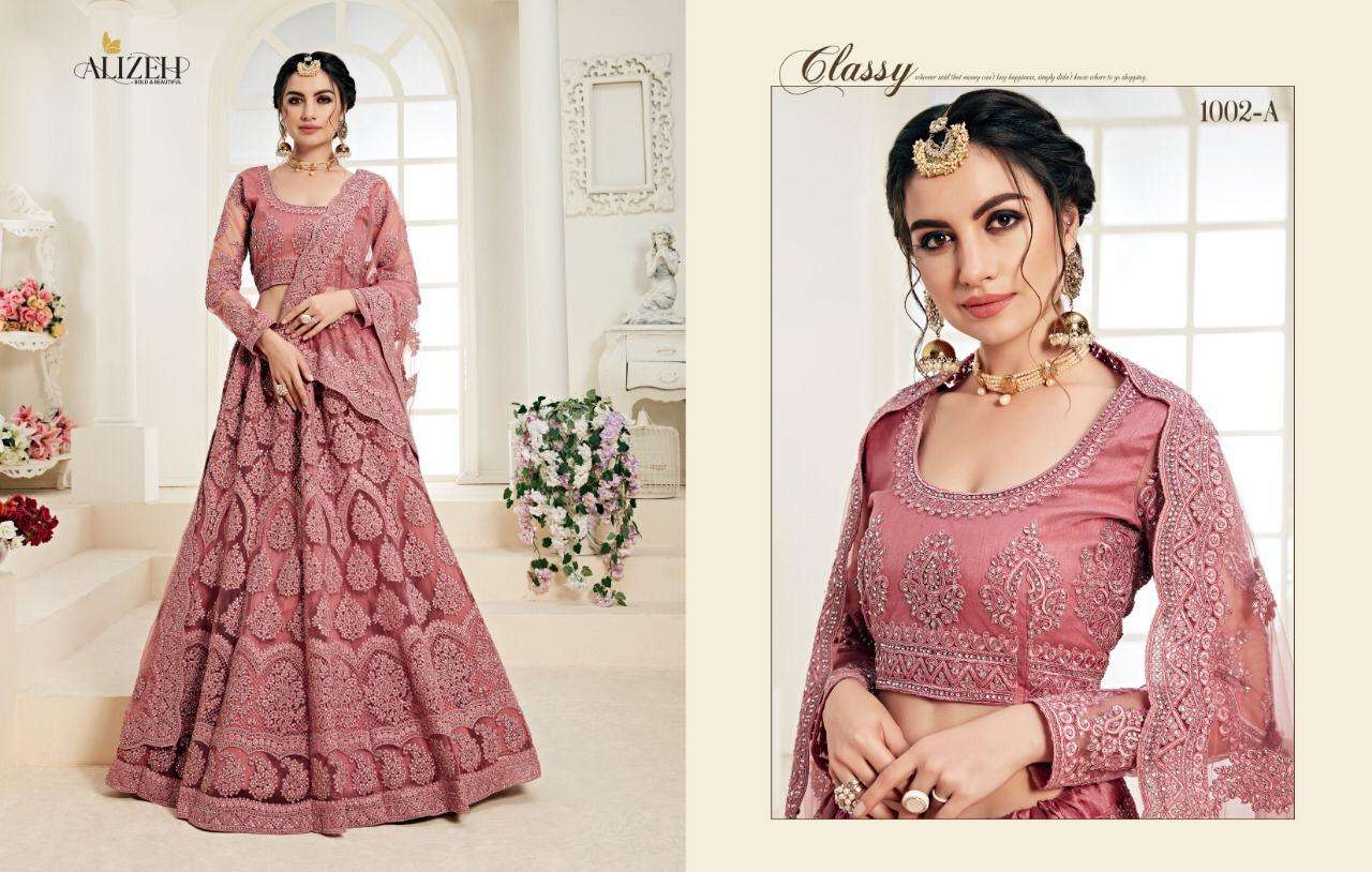 Alizeh 1002 Colours By Alizeh 1002-A To 1002-C Series Beautiful Colorful Fancy Wedding Collection Occasional Wear & Party Wear Net With Silk Satin Embroidery Lehengas At Wholesale Price
