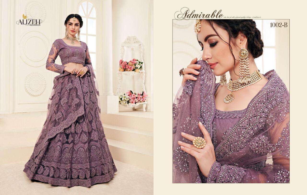 Alizeh 1002 Colours By Alizeh 1002-A To 1002-C Series Beautiful Colorful Fancy Wedding Collection Occasional Wear & Party Wear Net With Silk Satin Embroidery Lehengas At Wholesale Price