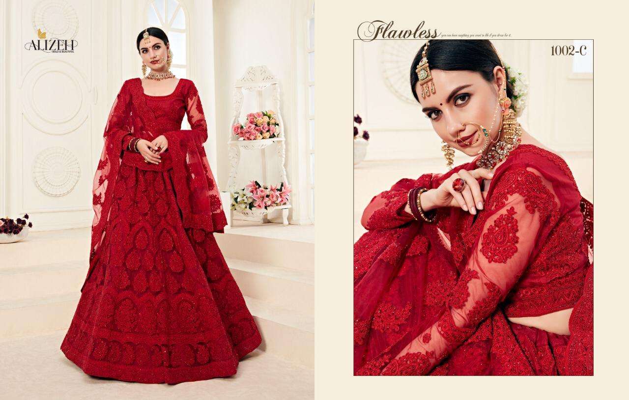 Alizeh 1002 Colours By Alizeh 1002-A To 1002-C Series Beautiful Colorful Fancy Wedding Collection Occasional Wear & Party Wear Net With Silk Satin Embroidery Lehengas At Wholesale Price