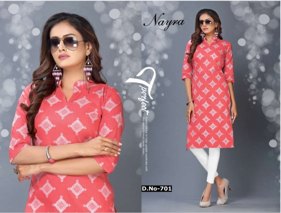 PRATHA BY NAYRA 701 TO 706 SERIES DESIGNER STYLISH FANCY COLORFUL BEAUTIFUL PARTY WEAR & ETHNIC WEAR COLLECTION COTTON FOIL PRINT KURTIS AT WHOLESALE PRICE