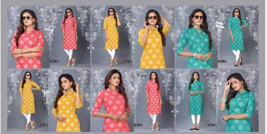 PRATHA BY NAYRA 701 TO 706 SERIES DESIGNER STYLISH FANCY COLORFUL BEAUTIFUL PARTY WEAR & ETHNIC WEAR COLLECTION COTTON FOIL PRINT KURTIS AT WHOLESALE PRICE
