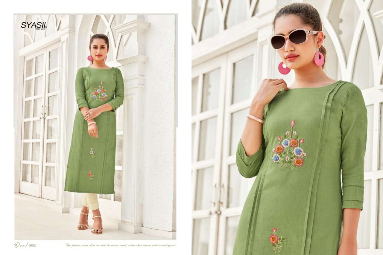 ANCY BY SYASII 1001 TO 1006 SERIES DESIGNER STYLISH FANCY COLORFUL BEAUTIFUL PARTY WEAR & ETHNIC WEAR COLLECTION RAYON SLUB LYCRA KURTIS AT WHOLESALE PRICE