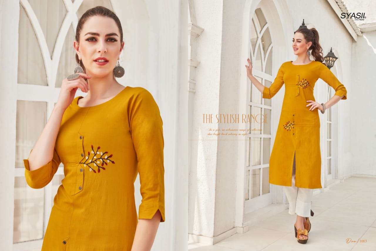 ANCY BY SYASII 1001 TO 1006 SERIES DESIGNER STYLISH FANCY COLORFUL BEAUTIFUL PARTY WEAR & ETHNIC WEAR COLLECTION RAYON SLUB LYCRA KURTIS AT WHOLESALE PRICE