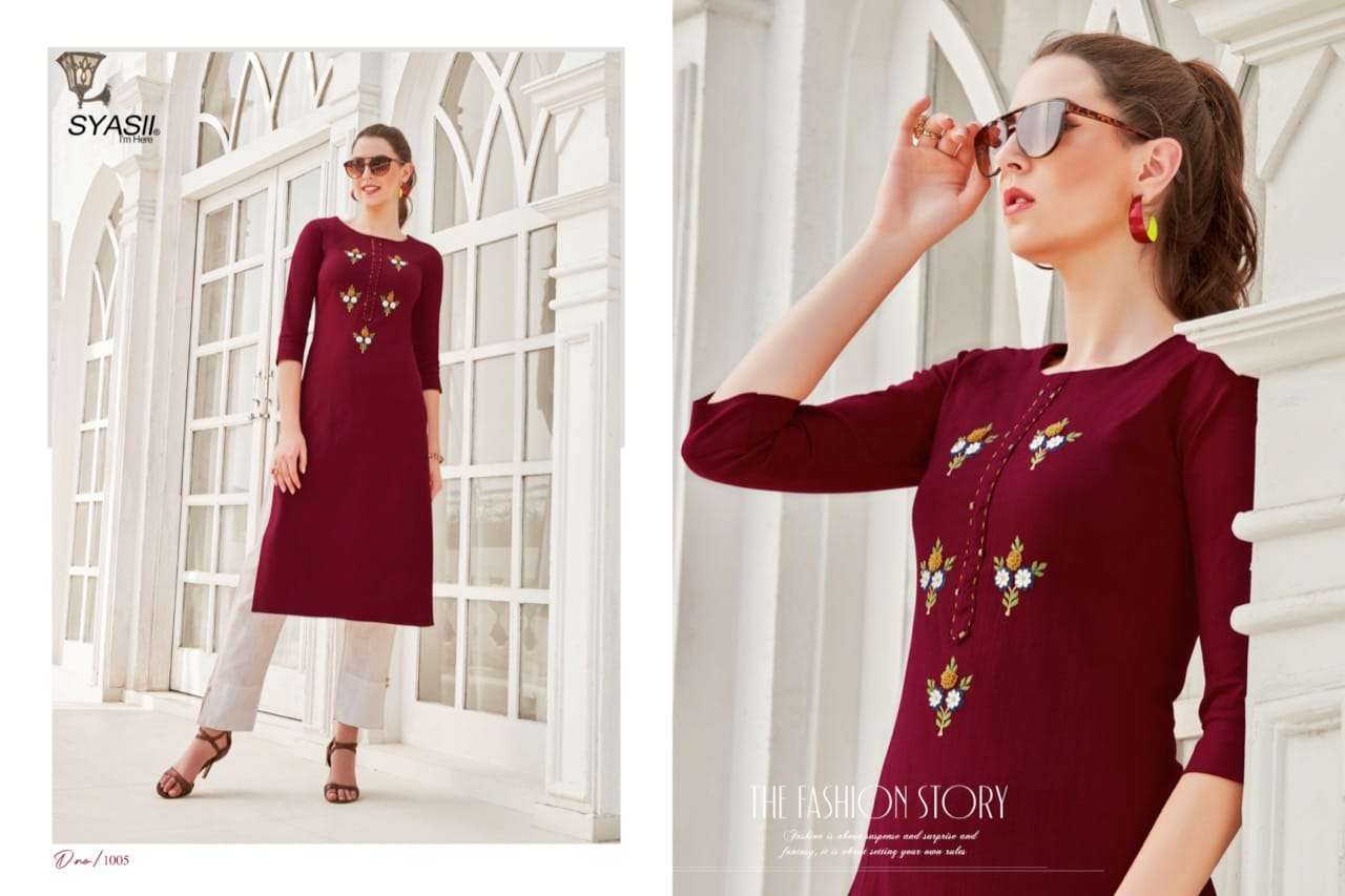 ANCY BY SYASII 1001 TO 1006 SERIES DESIGNER STYLISH FANCY COLORFUL BEAUTIFUL PARTY WEAR & ETHNIC WEAR COLLECTION RAYON SLUB LYCRA KURTIS AT WHOLESALE PRICE