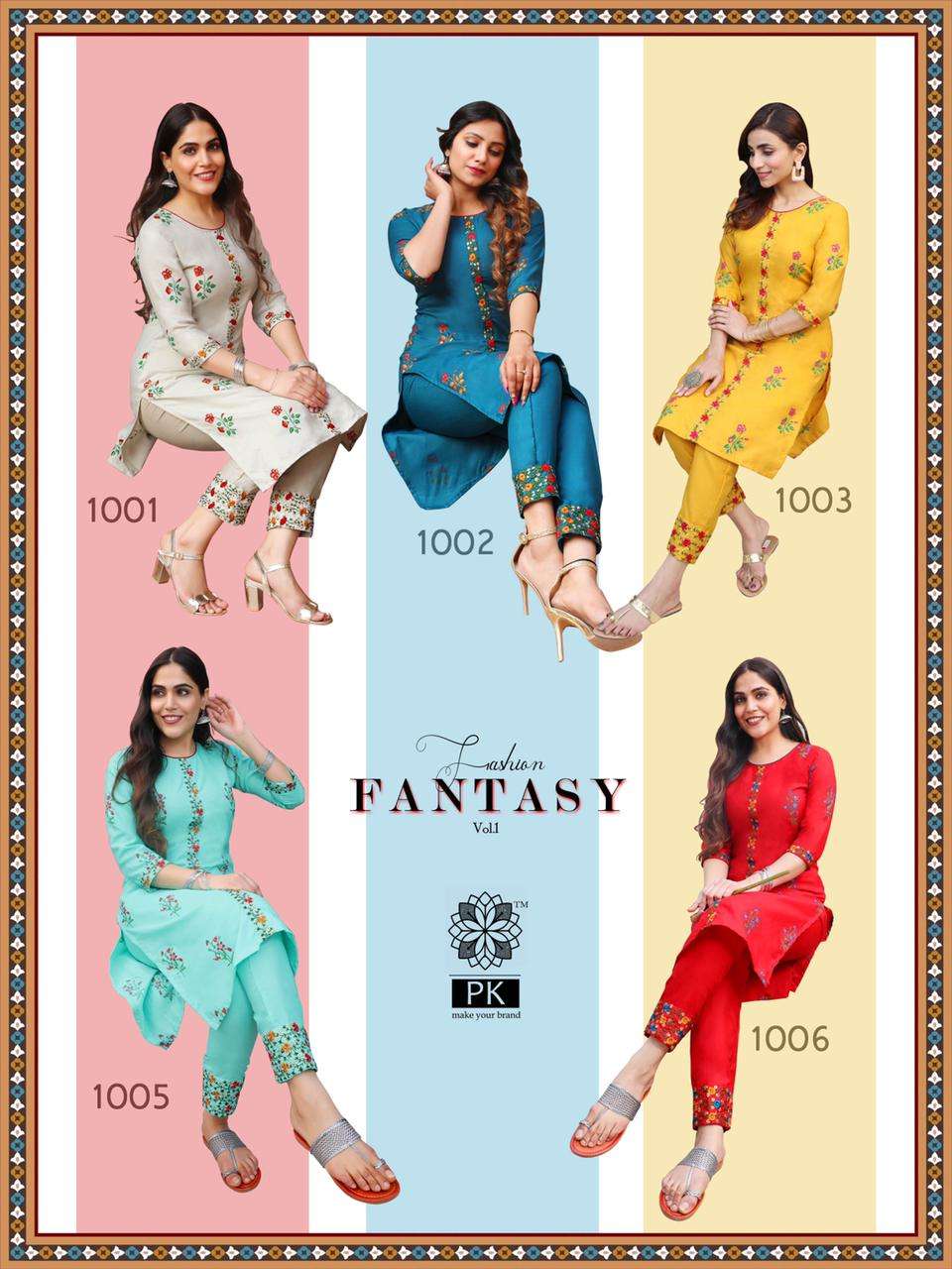FASHION FANTASY VOL-1 BY PK 1001 TO 1005 SERIES BEAUTIFUL STYLISH FANCY COLORFUL CASUAL WEAR & ETHNIC WEAR HEAVY COTTON PRINT WITH WORK KURTIS WITH BOTTOM AT WHOLESALE PRICE