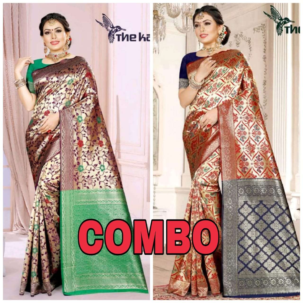 COMBO SALE BY THE KAZO INDIAN TRADITIONAL WEAR COLLECTION BEAUTIFUL STYLISH FANCY COLORFUL PARTY WEAR & OCCASIONAL WEAR WEAVING HANDLOOM SILK SAREES AT WHOLESALE PRICE
