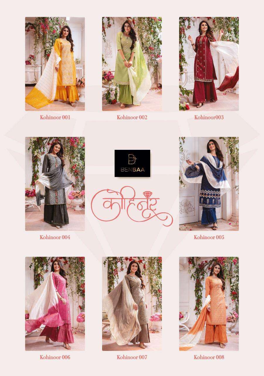 KOHINOOR BY BENBAA 001 TO 008 SERIES DESIGNER BEAUTIFUL COLORFUL STYLISH FANCY CASUAL WEAR & ETHNIC WEAR & READY TO WEAR VICOSE CHANDERI WITH WORK DRESSES AT WHOLESALE PRICE