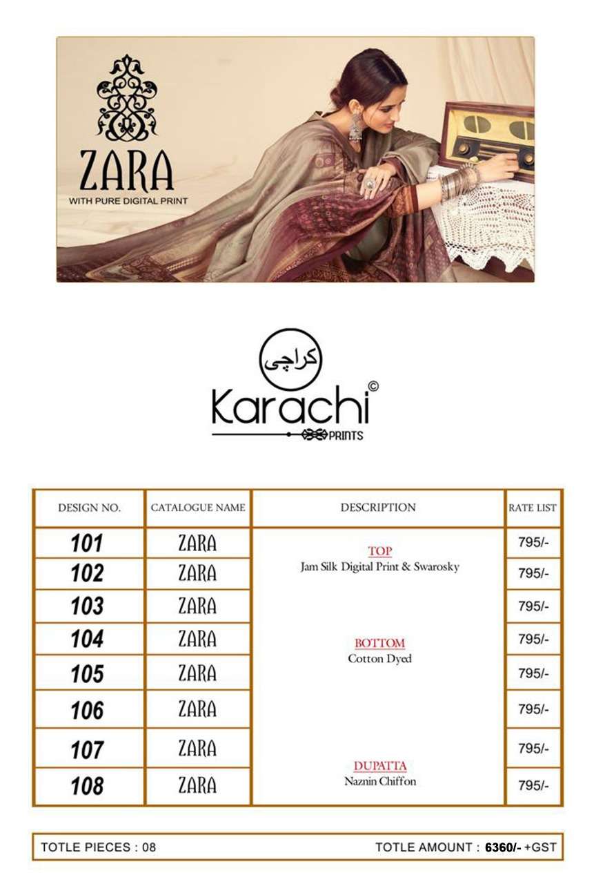 ZARA 101 SERIES BY KARACHI PRINTS 101 TO 108 SERIES DESIGNER BEAUTIFUL COLORFUL STYLISH FANCY CASUAL WEAR & ETHNIC WEAR & READY TO WEAR PURE JAM SILK DIGITAL PRINT DRESSES AT WHOLESALE PRICE