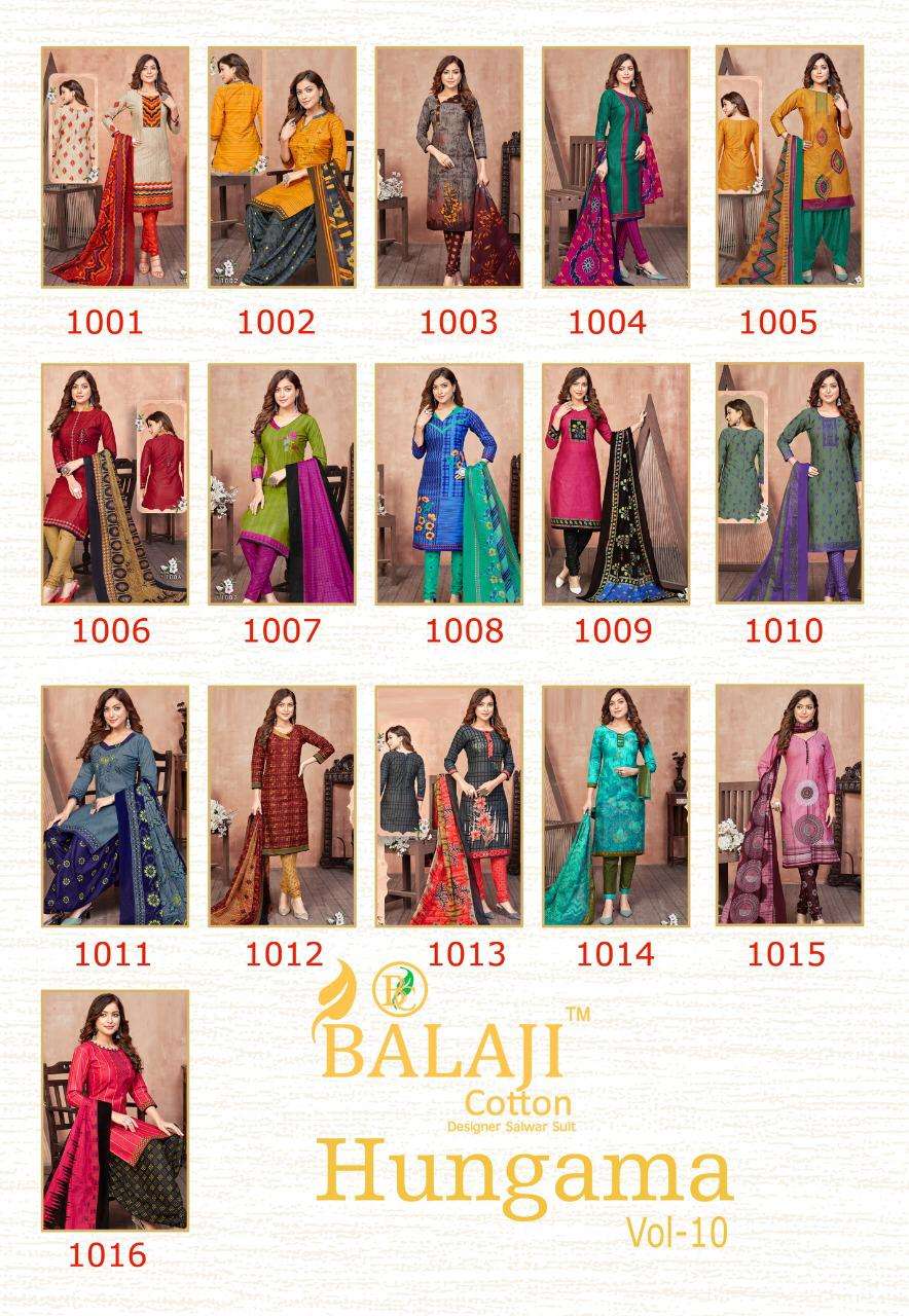 HUNGAMA VOL-10 BY BALAJI COTTON 1001 TO 1016 SERIES DESIGNER BEAUTIFUL COLORFUL STYLISH FANCY CASUAL WEAR & ETHNIC WEAR & READY TO WEAR PURE COTTON PRINT DRESSES AT WHOLESALE PRICE