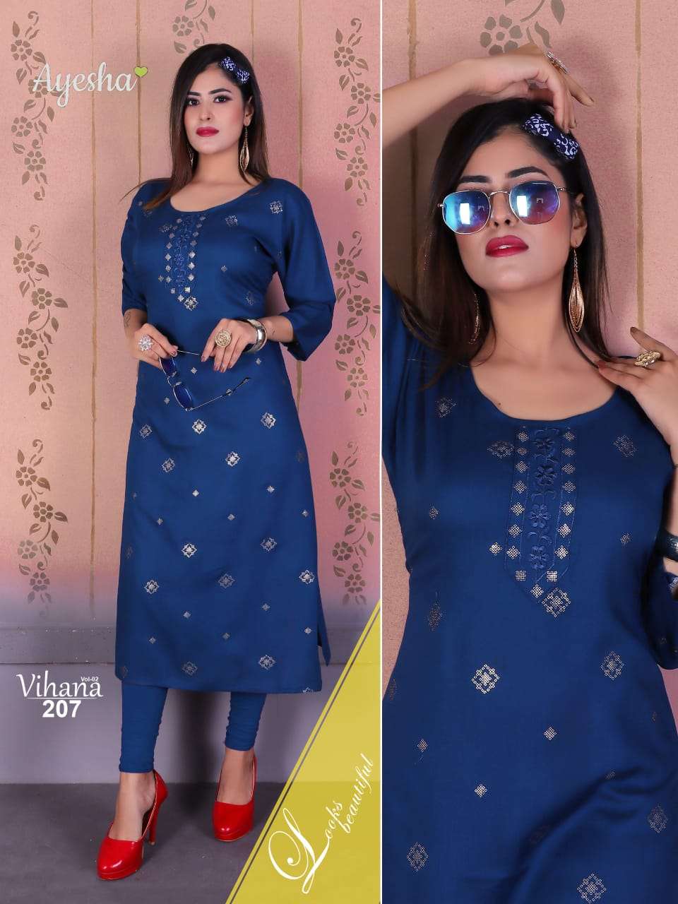 VIHANA VOL-2 BY AYESHA 201 TO 208 SERIES DESIGNER BEAUTIFUL COLORFUL STYLISH FANCY CASUAL WEAR & ETHNIC WEAR & READY TO WEAR RAYON SLUB EMBROIDERED KURTIS AT WHOLESALE PRICE