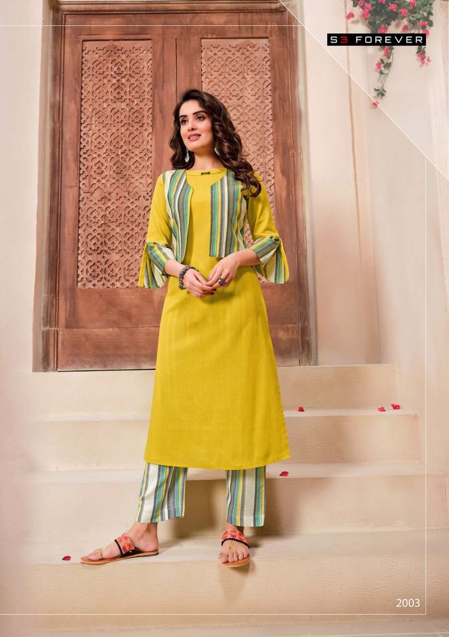 HELLO SUMMER BY S3 FOREVER 2001 TO 2005 SERIES DESIGNER BEAUTIFUL COLORFUL STYLISH FANCY CASUAL WEAR & ETHNIC WEAR & READY TO WEAR PURE COTTON KURTIS WITH BOTTOM AT WHOLESALE PRICE