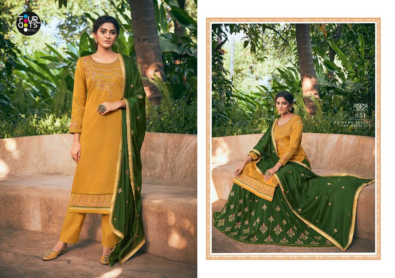 APSARA BY FOUR DOTS 051 TO 054 SERIES BEAUTIFUL STYLISH SUITS FANCY COLORFUL CASUAL WEAR & ETHNIC WEAR & READY TO WEAR PURE MODAL SATIN EMBROIDERED DRESSES AT WHOLESALE PRICE