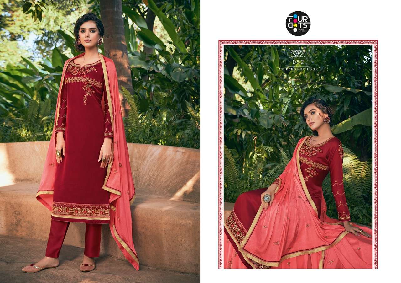 APSARA BY FOUR DOTS 051 TO 054 SERIES BEAUTIFUL STYLISH SUITS FANCY COLORFUL CASUAL WEAR & ETHNIC WEAR & READY TO WEAR PURE MODAL SATIN EMBROIDERED DRESSES AT WHOLESALE PRICE