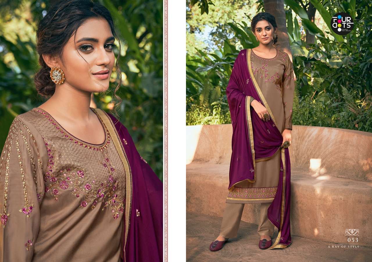 APSARA BY FOUR DOTS 051 TO 054 SERIES BEAUTIFUL STYLISH SUITS FANCY COLORFUL CASUAL WEAR & ETHNIC WEAR & READY TO WEAR PURE MODAL SATIN EMBROIDERED DRESSES AT WHOLESALE PRICE