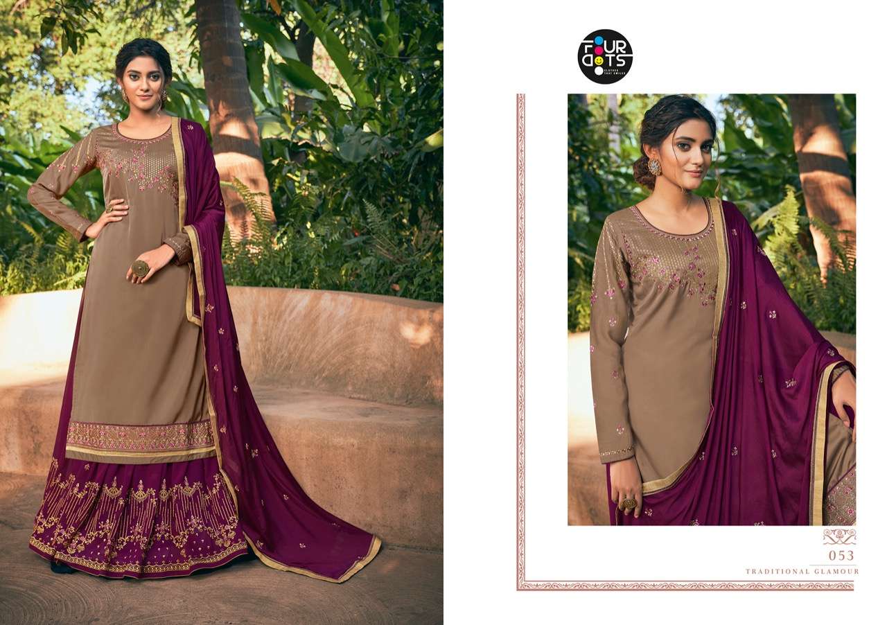 APSARA BY FOUR DOTS 051 TO 054 SERIES BEAUTIFUL STYLISH SUITS FANCY COLORFUL CASUAL WEAR & ETHNIC WEAR & READY TO WEAR PURE MODAL SATIN EMBROIDERED DRESSES AT WHOLESALE PRICE