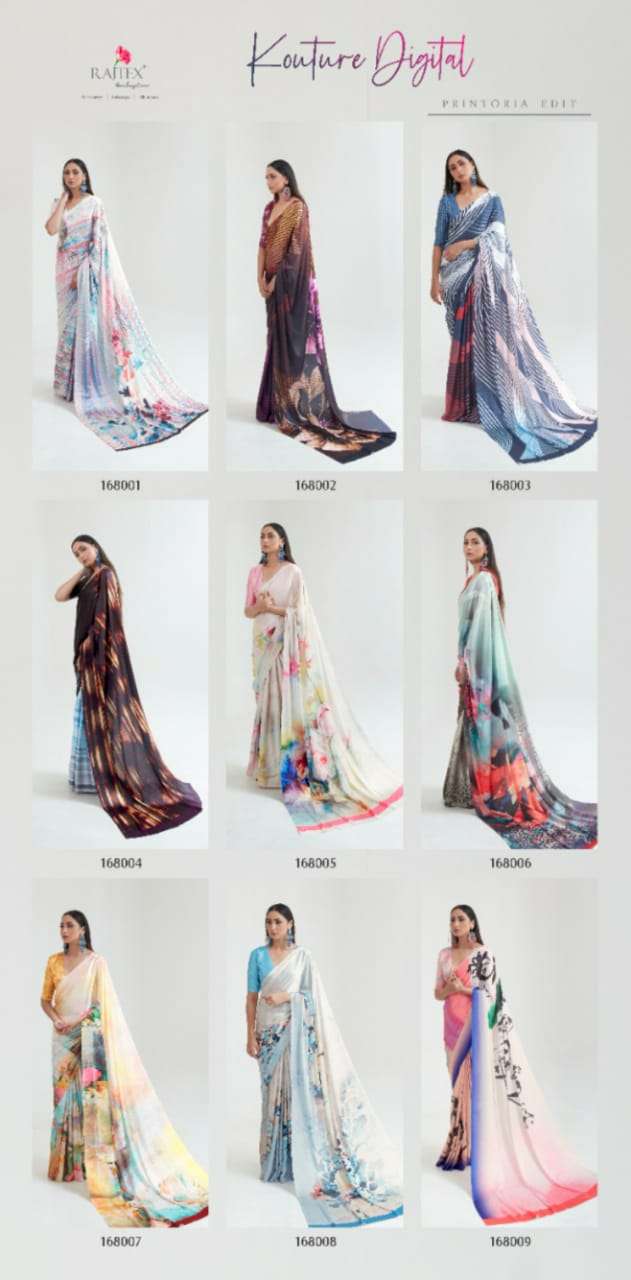 Kouture Digital By Raj Tex 168001 To 168009 Series Indian Traditional Wear Collection Beautiful Stylish Fancy Colorful Party Wear & Occasional Wear Japan Satin Digital Print Sarees At Wholesale Price