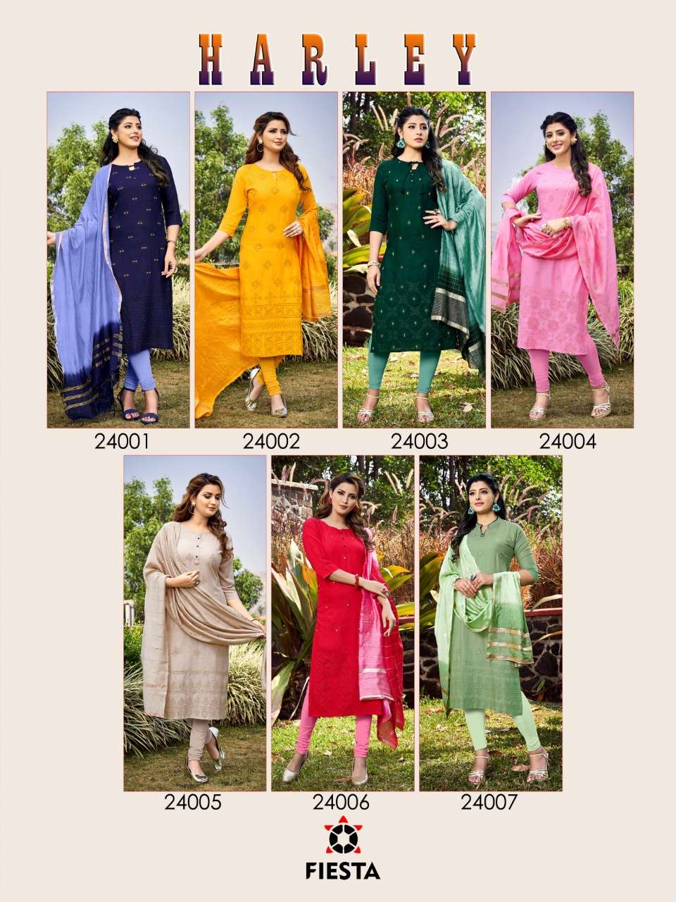HARLEY BY FIESTA 24001 TO 24007 SERIES DESIGNER STYLISH FANCY COLORFUL BEAUTIFUL PARTY WEAR & ETHNIC WEAR COLLECTION RAYON SLUB EMBROIDERY KURTIS WITH DUPATTA AT WHOLESALE PRICE