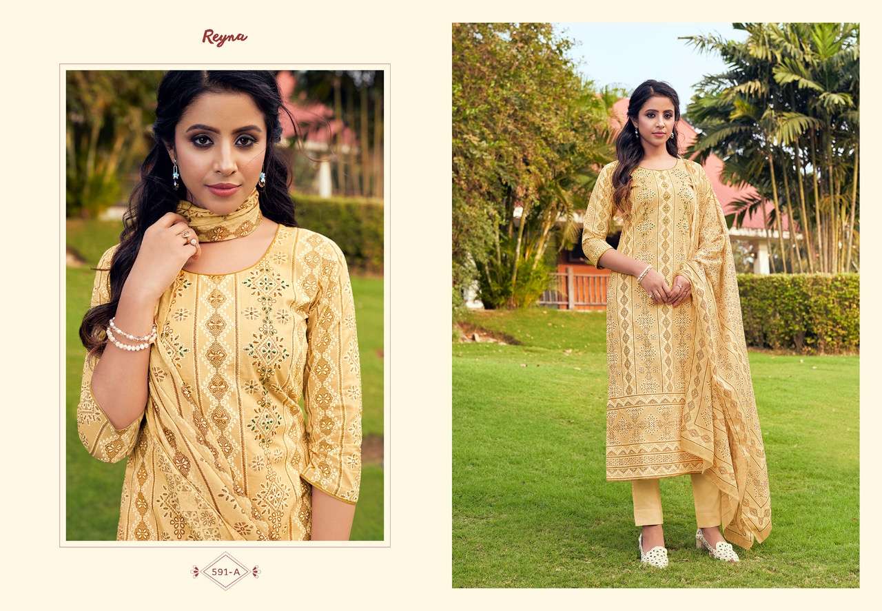 LUCKNOWI VOL-2 BY REYNA 591-A TO 593-B SERIES BEAUTIFUL SUITS COLORFUL STYLISH FANCY CASUAL WEAR & ETHNIC WEAR PURE LAWN COTTON PRINT WITH HANDWORK DRESSES AT WHOLESALE PRICE
