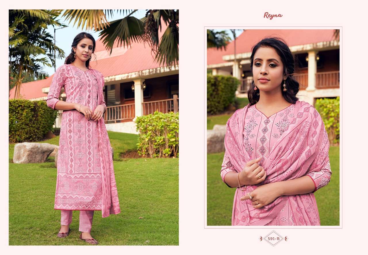 LUCKNOWI VOL-2 BY REYNA 591-A TO 593-B SERIES BEAUTIFUL SUITS COLORFUL STYLISH FANCY CASUAL WEAR & ETHNIC WEAR PURE LAWN COTTON PRINT WITH HANDWORK DRESSES AT WHOLESALE PRICE