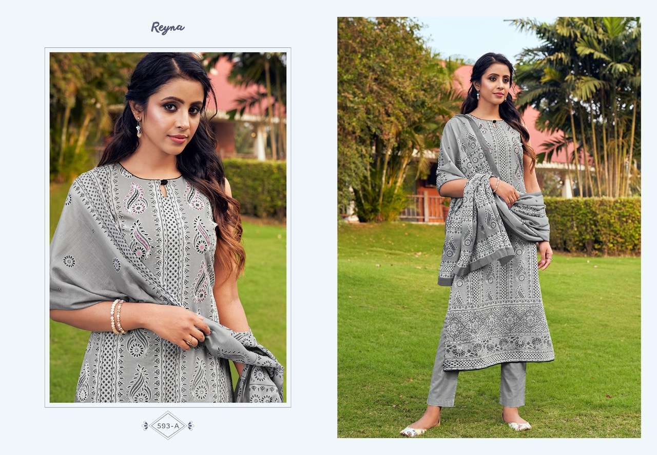 LUCKNOWI VOL-2 BY REYNA 591-A TO 593-B SERIES BEAUTIFUL SUITS COLORFUL STYLISH FANCY CASUAL WEAR & ETHNIC WEAR PURE LAWN COTTON PRINT WITH HANDWORK DRESSES AT WHOLESALE PRICE