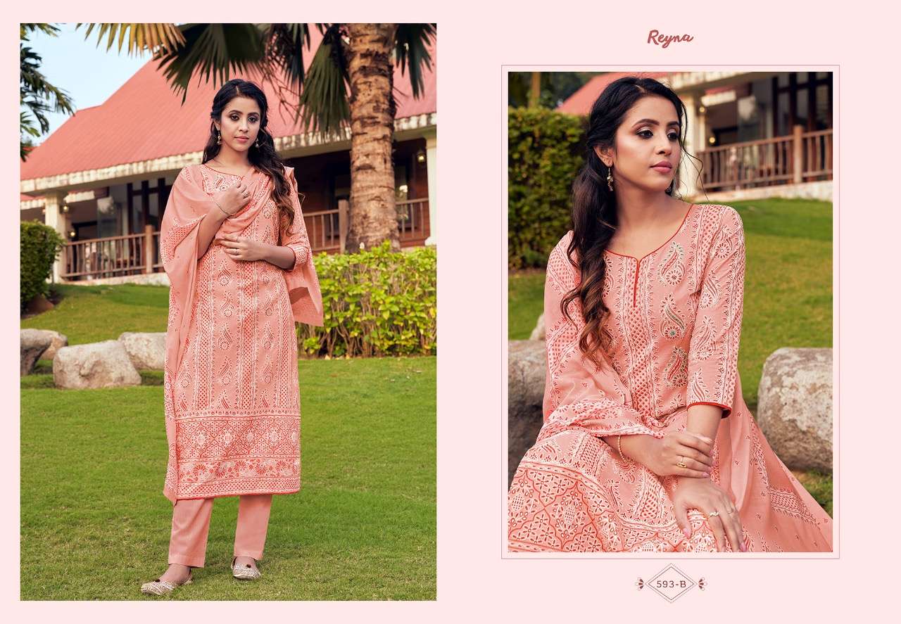 LUCKNOWI VOL-2 BY REYNA 591-A TO 593-B SERIES BEAUTIFUL SUITS COLORFUL STYLISH FANCY CASUAL WEAR & ETHNIC WEAR PURE LAWN COTTON PRINT WITH HANDWORK DRESSES AT WHOLESALE PRICE