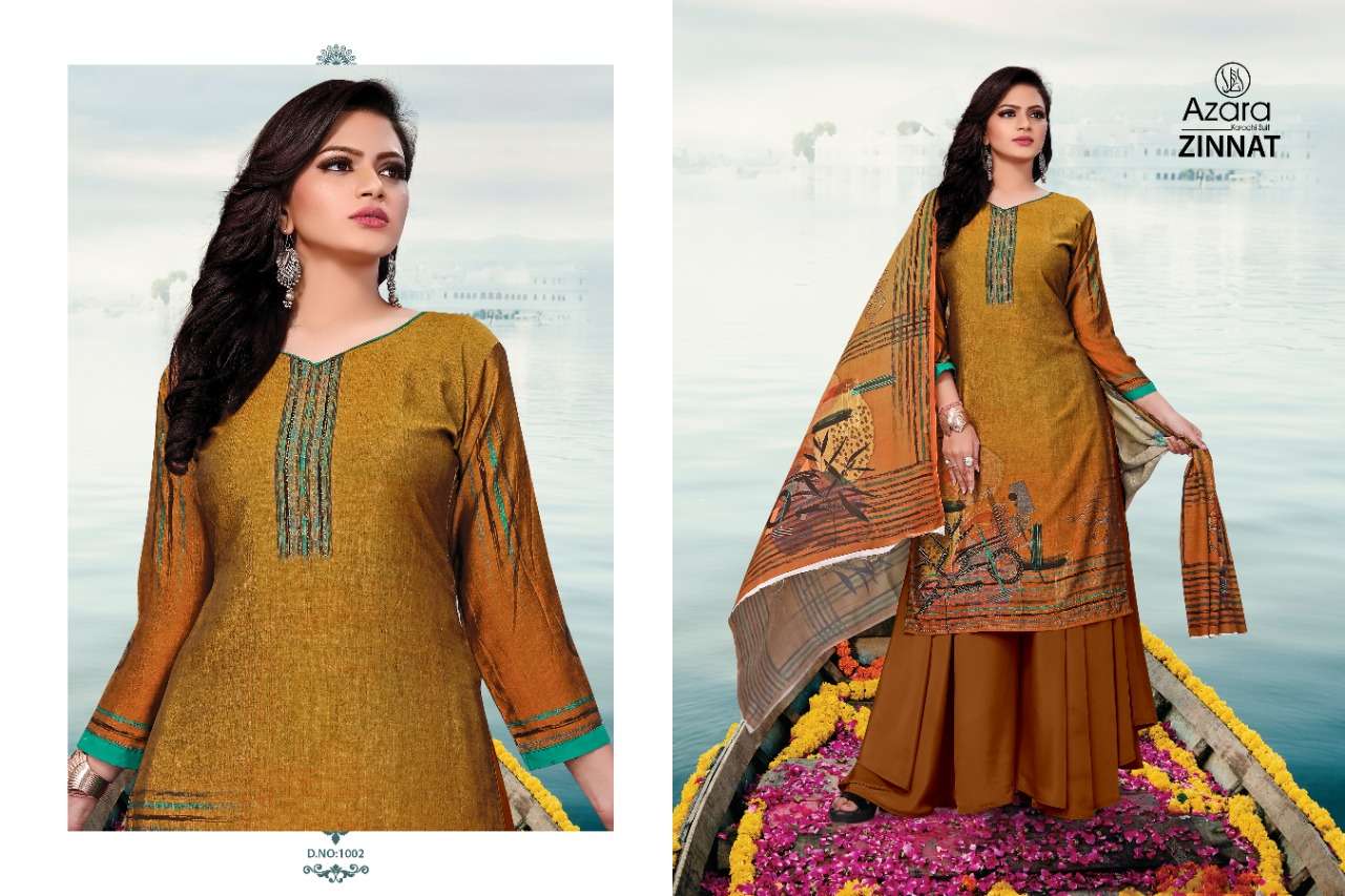 ZINNAT BY AZARA 1001 TO 1004 SERIES BEAUTIFUL STYLISH SHARARA SUITS FANCY COLORFUL CASUAL WEAR & ETHNIC WEAR & READY TO WEAR PURE MUSLIN DIGITAL PRINT DRESSES AT WHOLESALE PRICE