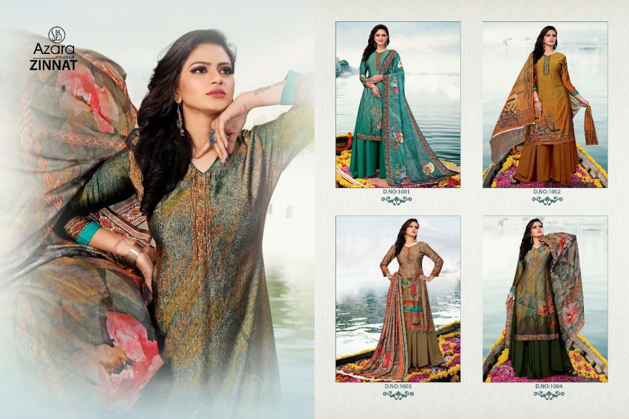 ZINNAT BY AZARA 1001 TO 1004 SERIES BEAUTIFUL STYLISH SHARARA SUITS FANCY COLORFUL CASUAL WEAR & ETHNIC WEAR & READY TO WEAR PURE MUSLIN DIGITAL PRINT DRESSES AT WHOLESALE PRICE
