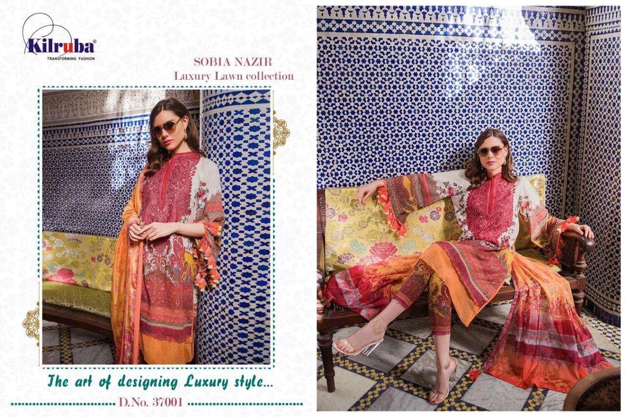 SOBIA NAZIR LUXURY LAWN COLLECTION BY KILRUBA 37001 TO 37005 SERIES PAKISTANI SUITS BEAUTIFUL FANCY COLORFUL STYLISH PARTY WEAR & OCCASIONAL WEAR LUXURY LAWN DIGITAL PRINT DRESSES AT WHOLESALE PRICE