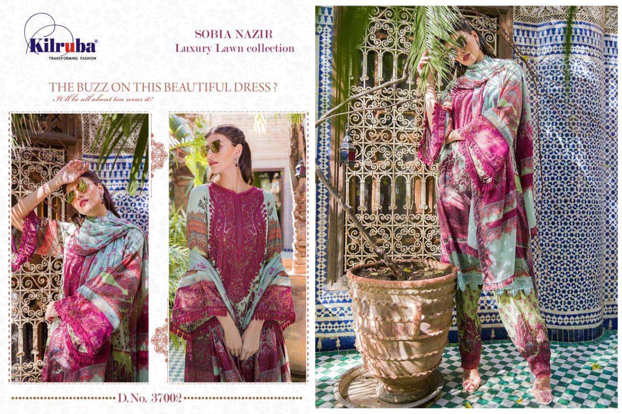 SOBIA NAZIR LUXURY LAWN COLLECTION BY KILRUBA 37001 TO 37005 SERIES PAKISTANI SUITS BEAUTIFUL FANCY COLORFUL STYLISH PARTY WEAR & OCCASIONAL WEAR LUXURY LAWN DIGITAL PRINT DRESSES AT WHOLESALE PRICE