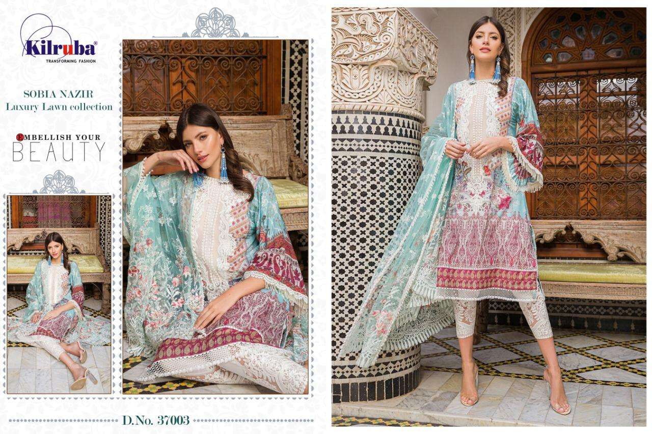 SOBIA NAZIR LUXURY LAWN COLLECTION BY KILRUBA 37001 TO 37005 SERIES PAKISTANI SUITS BEAUTIFUL FANCY COLORFUL STYLISH PARTY WEAR & OCCASIONAL WEAR LUXURY LAWN DIGITAL PRINT DRESSES AT WHOLESALE PRICE