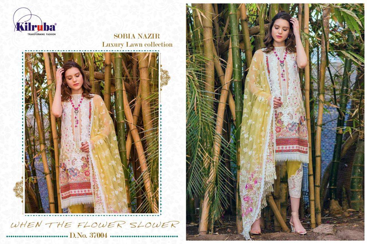 SOBIA NAZIR LUXURY LAWN COLLECTION BY KILRUBA 37001 TO 37005 SERIES PAKISTANI SUITS BEAUTIFUL FANCY COLORFUL STYLISH PARTY WEAR & OCCASIONAL WEAR LUXURY LAWN DIGITAL PRINT DRESSES AT WHOLESALE PRICE