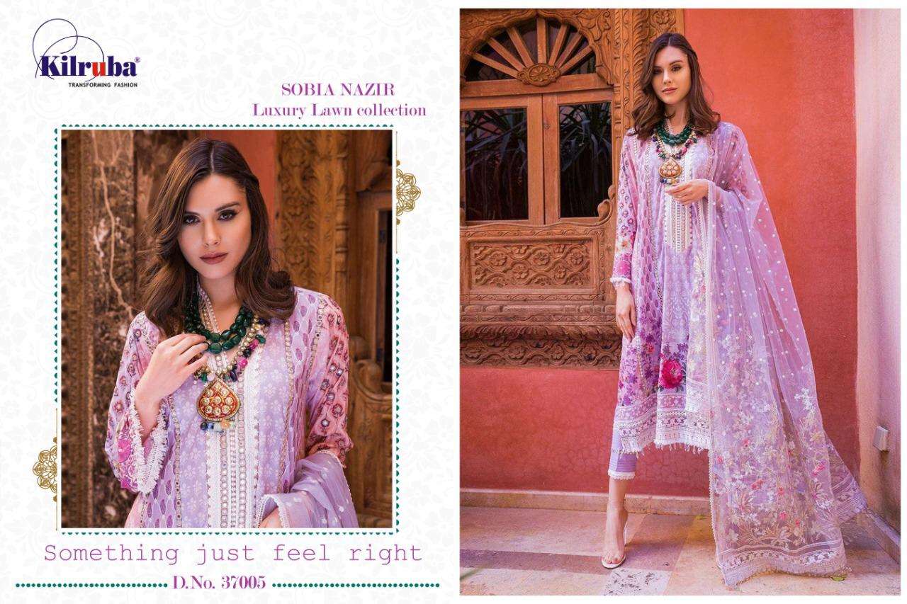 SOBIA NAZIR LUXURY LAWN COLLECTION BY KILRUBA 37001 TO 37005 SERIES PAKISTANI SUITS BEAUTIFUL FANCY COLORFUL STYLISH PARTY WEAR & OCCASIONAL WEAR LUXURY LAWN DIGITAL PRINT DRESSES AT WHOLESALE PRICE