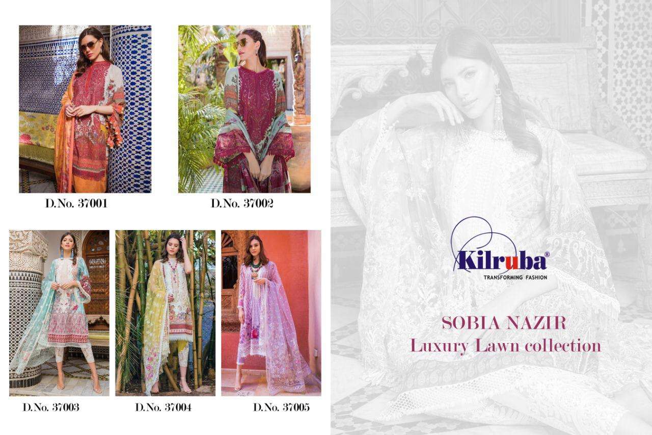 SOBIA NAZIR LUXURY LAWN COLLECTION BY KILRUBA 37001 TO 37005 SERIES PAKISTANI SUITS BEAUTIFUL FANCY COLORFUL STYLISH PARTY WEAR & OCCASIONAL WEAR LUXURY LAWN DIGITAL PRINT DRESSES AT WHOLESALE PRICE