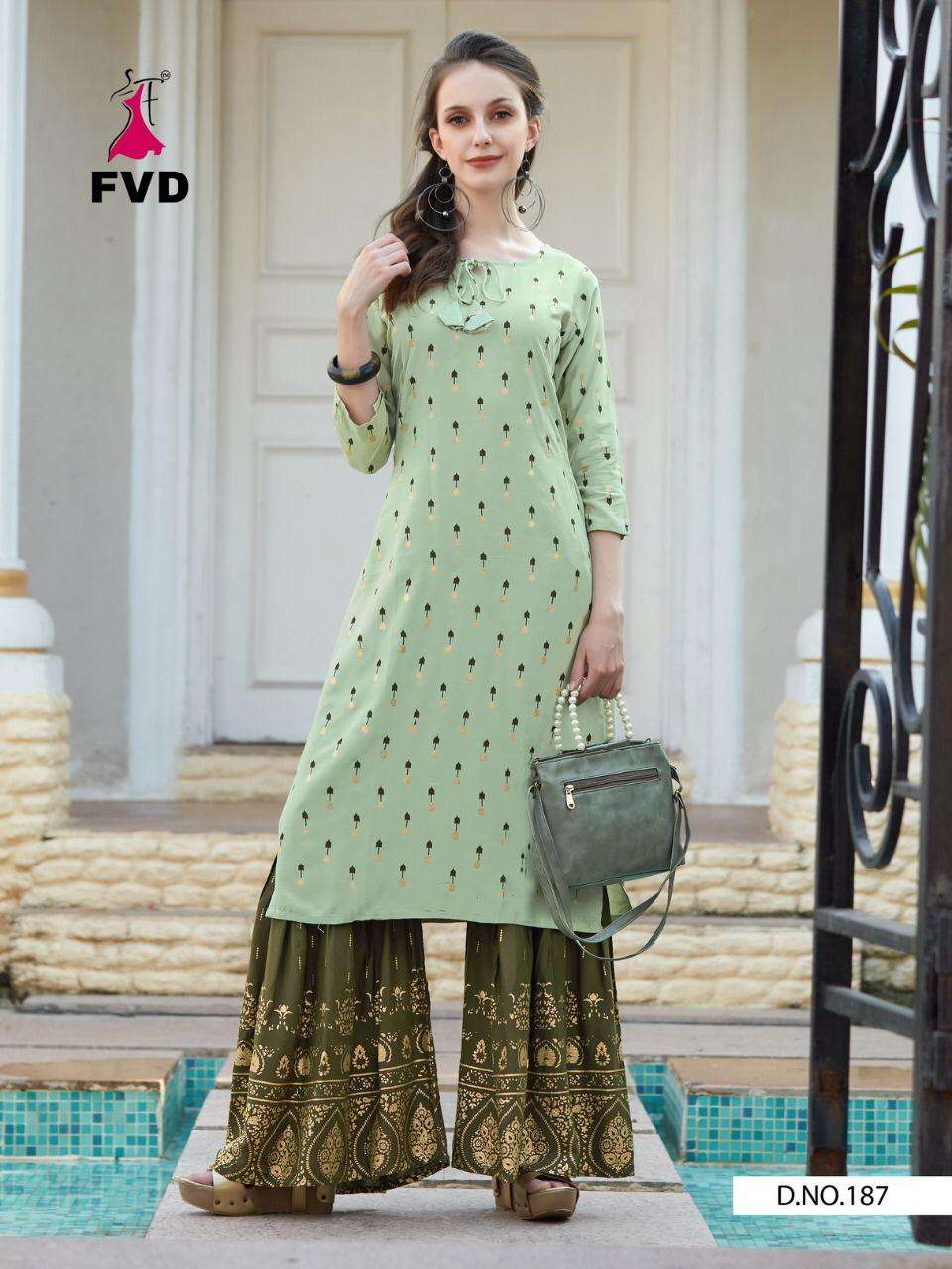 MAGNETIC BY FVD 185 TO 190 SERIES DESIGNER STYLISH FANCY COLORFUL BEAUTIFUL PARTY WEAR & ETHNIC WEAR COLLECTION RAYON FOIL PRINT KURTIS WITH BOTTOM AT WHOLESALE PRICE