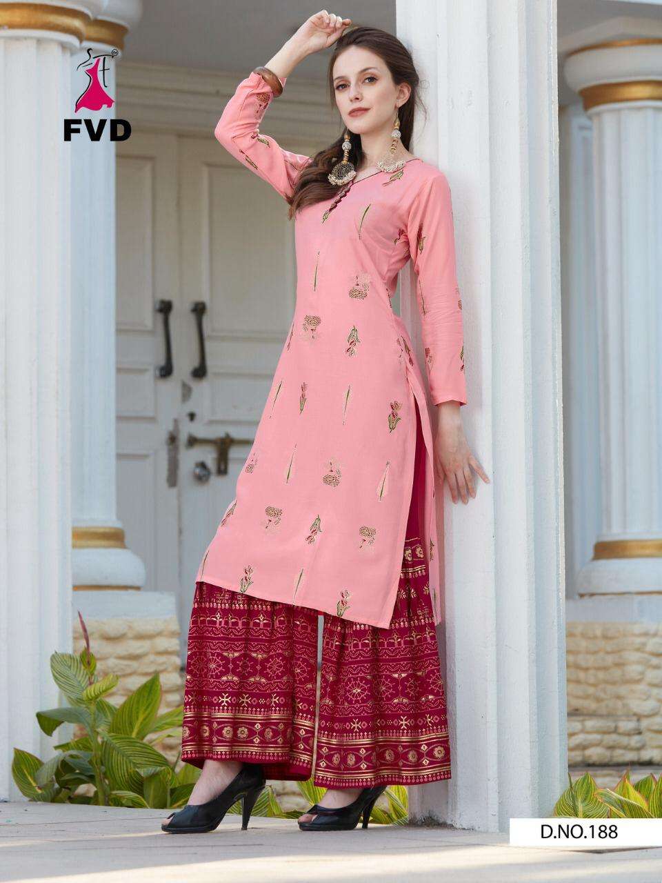 MAGNETIC BY FVD 185 TO 190 SERIES DESIGNER STYLISH FANCY COLORFUL BEAUTIFUL PARTY WEAR & ETHNIC WEAR COLLECTION RAYON FOIL PRINT KURTIS WITH BOTTOM AT WHOLESALE PRICE