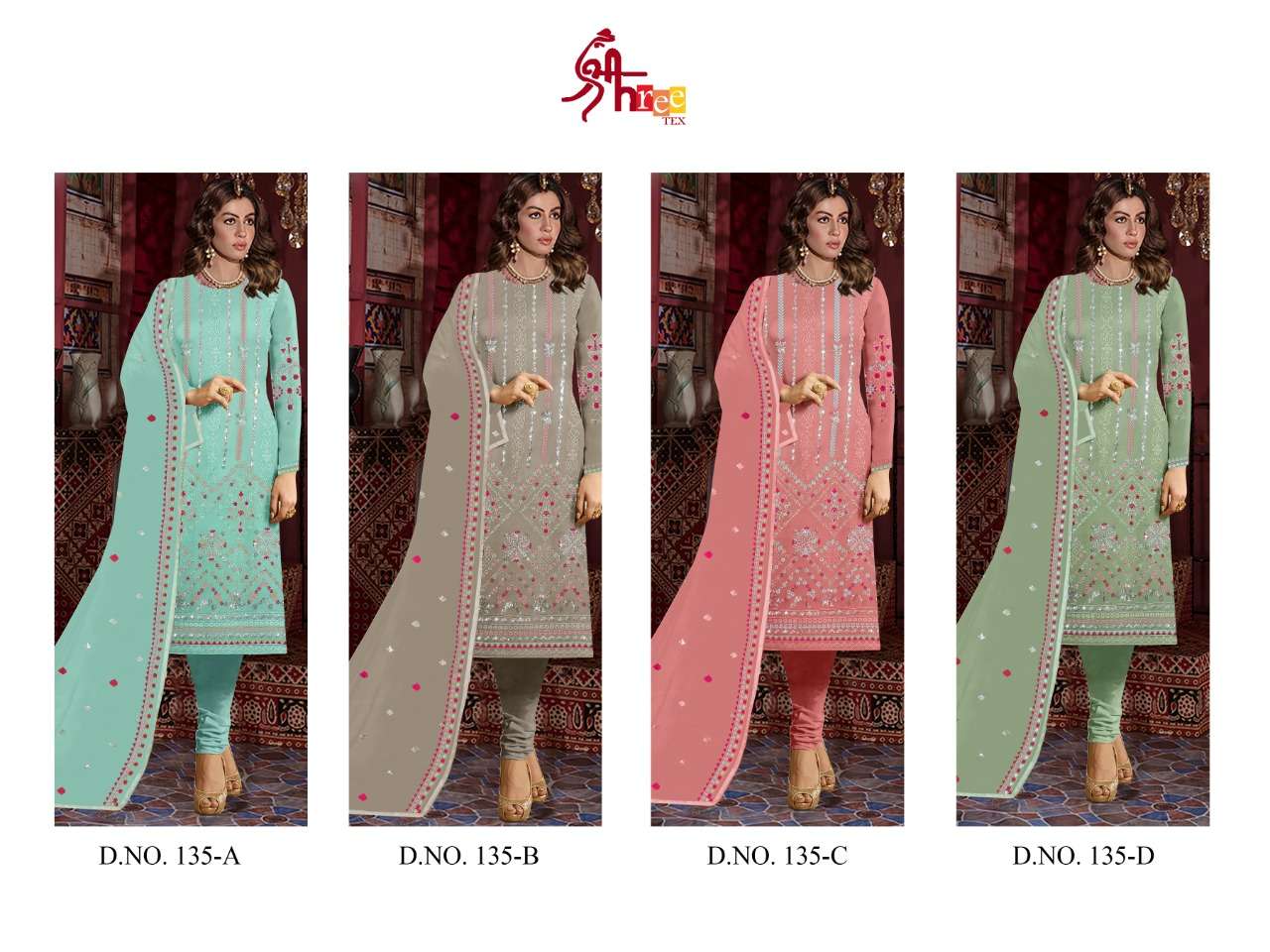 SHREE TEX HIT DESIGN 135 COLOURS BY SHREE TEX 135-A TO 135-D SERIES BEAUTIFUL STYLISH SUITS FANCY COLORFUL CASUAL WEAR & ETHNIC WEAR & READY TO WEAR HEAVY GEORGETTE EMBROIDERY DRESSES AT WHOLESALE PRICE