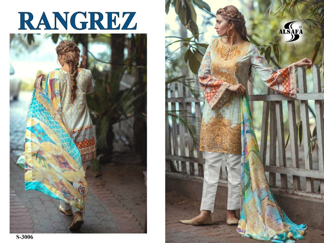 RANGREZ BY AL-SAFA 3005 TO 3009 SERIES DESIGNER PAKISTANI SUITS COLLECTION BEAUTIFUL STYLISH COLORFUL FANCY PARTY WEAR & OCCASIONAL WEAR CAMBRIC COTTON PRINT WITH EMBROIDERY DRESSES AT WHOLESALE PRICE